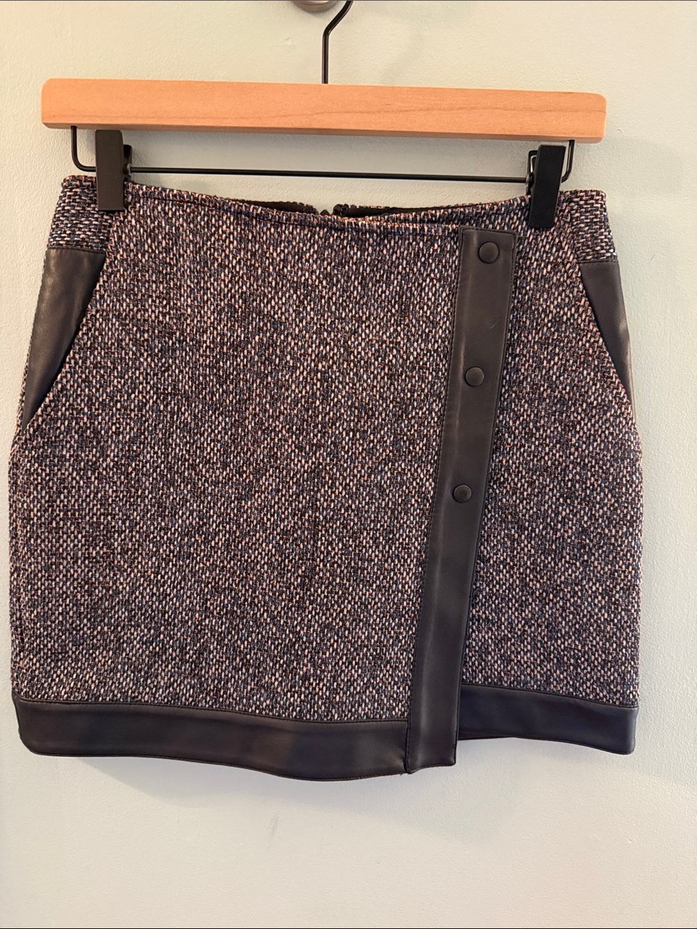 Bailey 44 Textured Tweed Mini Skirt with Faux Leather Trim - Black/Brown - XS